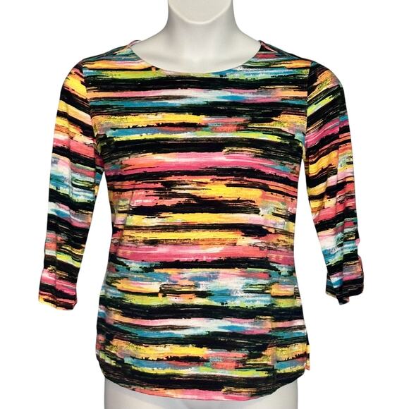 Multiples Colorful Striped Knit Top Medium Retro Casual 3/4 Sleeve T-Shirt - Picture 2 of 7